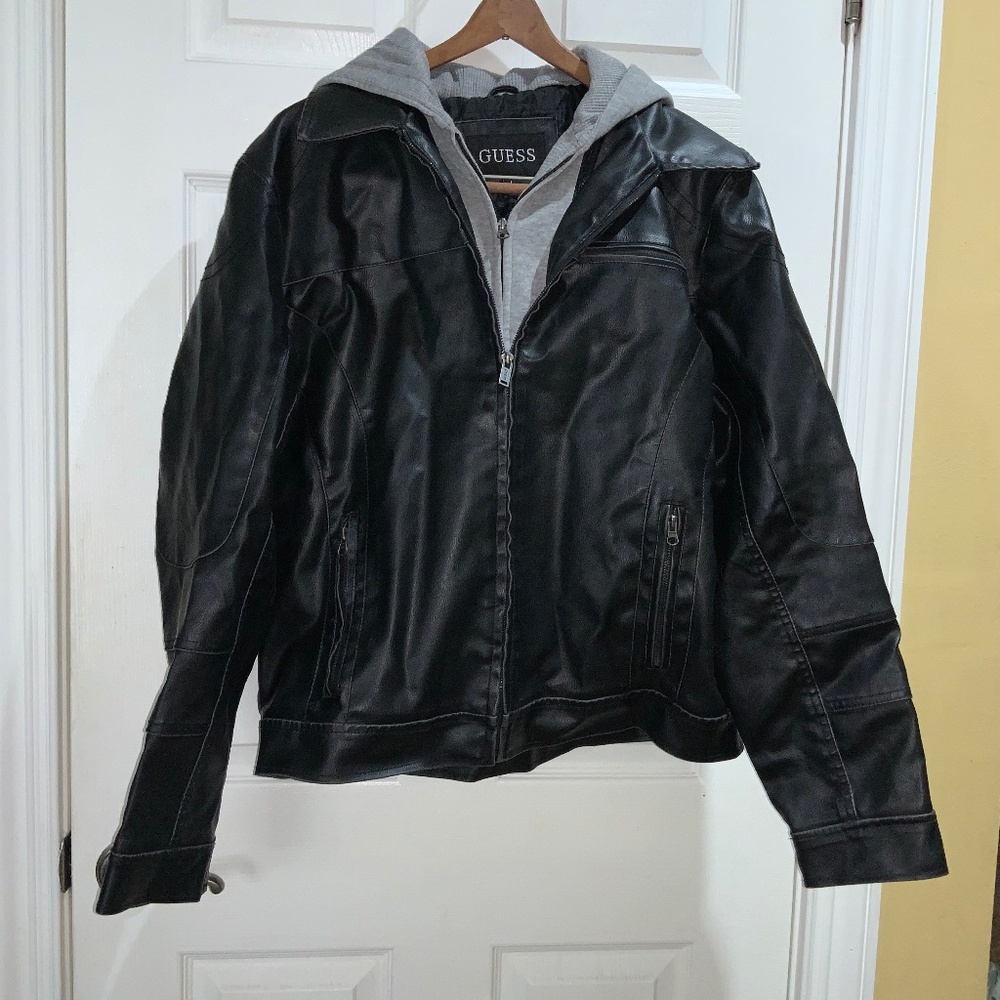 Guess vintage faux leather black Motorcycle Jacket Sz L removable hood